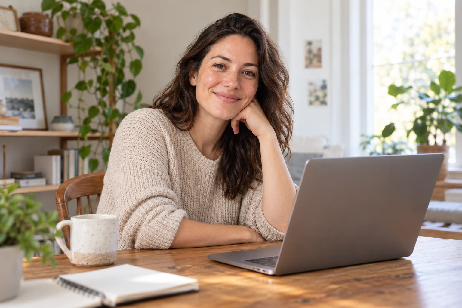 A friendly woman sitting at a desk with her laptop.
