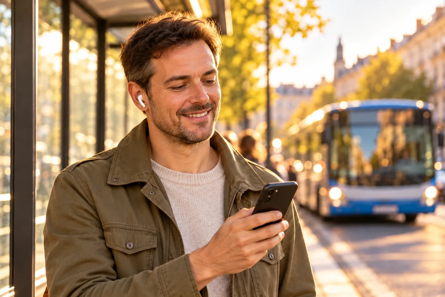A man looking at his phone while talking through headphones at a bus stop.