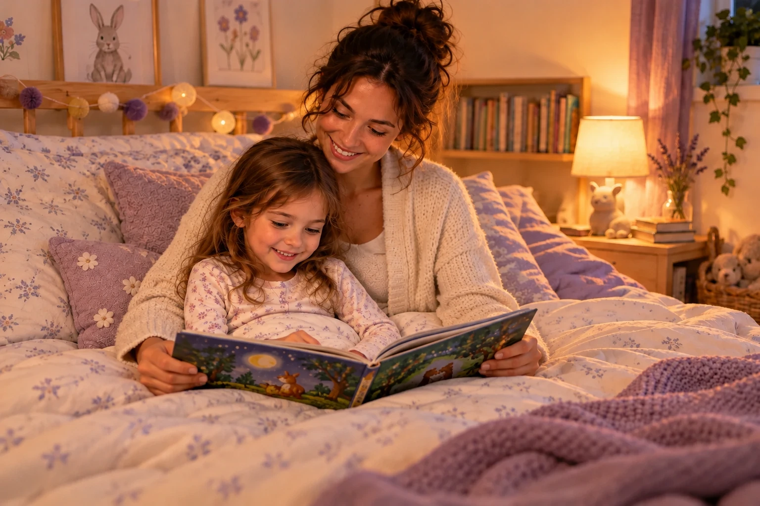 A mother and child happily reading a bedtime story together.