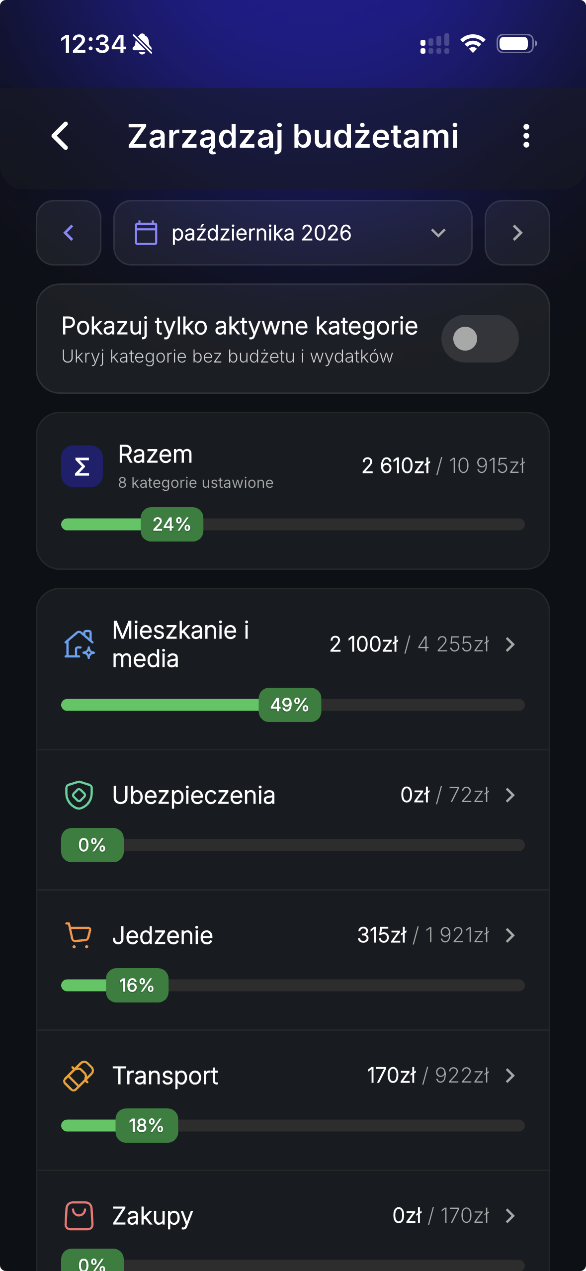 Myney budget management screen in Polish